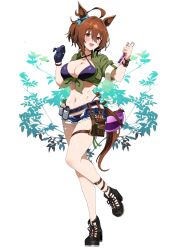  absurdres agnes_tachyon_(lunatic_lab)_(umamusume) agnes_tachyon_(umamusume) ahoge animal_ears bikini black_bikini breasts brown_hair cleavage collarbone criss-cross_halter earrings female flask full_body gloves green_jacket hair_between_eyes halterneck highres horse_ears horse_girl horse_tail jacket jewelry large_breasts leather_wrist_straps long_hair long_sleeves looking_at_viewer midriff navel official_alternate_costume open_mouth red_eyes round-bottom_flask shirt short_hair short_sleeves shorts simple_background single_earring single_glove smile solo swimsuit sylph_kim tail tied_jacket umamusume white_background wrist_straps 