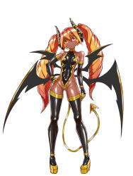  breasts colored_eyelashes dark-skinned_female dark_skin demon_girl demon_horns demon_tail demon_wings drill_hair elbow_gloves female full_body gloves hand_on_own_hip highres horns latex latex_gloves latex_leotard latex_thighhighs leotard long_hair multiple_wings orange_eyes orange_hair original platform_footwear sachisuki_gyoko shiny_clothes shiny_skin skin_tight small_breasts smile solo tail thighhighs twin_drills twintails very_long_hair white_background wings 