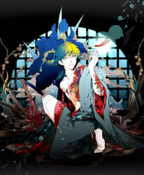  1boy arm_tattoo blonde_hair blood blue_hair chest_tattoo flower japanese_clothes katana male_focus medium_hair multicolored_hair na_(sodium) obi open_mouth original ribbon sash solo sword tattoo teeth tree weapon wide_sleeves yellow_eyes 