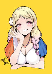  birthday blonde_hair blush braid breasts cleavage collarbone commentary_request dated female flower gengoroh gradient_hair grin hair_flower hair_ornament highres jewelry large_breasts long_hair looking_at_viewer love_live! love_live!_superstar!! multicolored_hair necklace onitsuka_natsumi pink_eyes pink_hair signature smile solo twin_braids upper_body yellow_background 