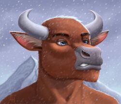  anthro black_eyebrows blue_eyes bovid bovine brown_body brown_fur cloud eyebrows fur grey_horn horn inner_ear_fluff lionhard male mammal outside portrait snow solo tan_inner_ear_fluff tuft 