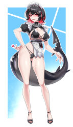  absurdres bikini black_bikini black_hair blush breasts candy choker colored_inner_hair contrapposto dogs_(dlrkdejr26) ellen_joe female fins fish_tail food full_body high_heels highres large_breasts looking_at_viewer maid multicolored_hair open_mouth red_eyes red_hair shark_girl shark_tail sharp_teeth shrug_(clothing) swimsuit tail teeth zenless_zone_zero 