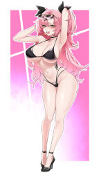  absurdres arms_up bikini black_bikini black_choker black_footwear black_ribbon blush breasts choker commentary_request dogs_(dlrkdejr26) earrings eyewear_on_head female full_body green_eyes hair_between_eyes hair_ornament hair_ribbon hairclip heart heart_earrings high_heels highres huge_breasts jewelry korean_commentary long_hair looking_at_viewer mole mole_on_breast mole_on_thigh mole_under_eye navel nicole_demara oerba_yun_fang open_mouth pink_background pink_hair ribbon smile solo stomach sunglasses swimsuit teeth thighs white_background zenless_zone_zero 