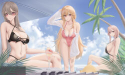  3girls absurdres alternate_costume anchor_earrings azur_lane backless_swimsuit bare_shoulders bikini black_bikini blonde_hair blue_sky breasts brown_hair cleavage clemenceau_(azur_lane) cross-laced_bikini cross-laced_clothes cross-laced_top day detached_sleeves earrings frilled_one-piece_swimsuit frills from_side hair_between_eyes highleg highleg_one-piece_swimsuit highres ichikushi_mojibake jean_bart_(azur_lane) jean_bart_(private_apres_midi)_(azur_lane) jewelry large_breasts leaning_forward long_hair long_sleeves looking_at_viewer manjuu_(azur_lane) medium_breasts multiple_girls official_alternate_costume one-piece_swimsuit outdoors palm_tree pink_one-piece_swimsuit red_eyes richelieu_(azur_lane) richelieu_(fleuron_of_the_waves)_(azur_lane) see-through see-through_sleeves siblings sisters sitting sky standing summer swimsuit tree very_long_hair water 