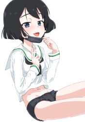  black_hair black_panties blue_eyes blush breasts female girls_und_panzer highres looking_at_viewer mask mask_pull monolith_(suibou_souko) mouth_mask navel ooarai_school_uniform open_mouth panties school_uniform short_hair simple_background small_breasts smile solo surgical_mask underwear utsugi_yuuki white_background 