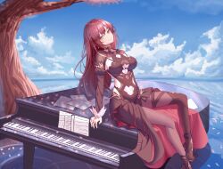  absurdres black_dress black_pantyhose blue_sky breasts cleavage cleavage_cutout clothing_cutout cloud cloudy_sky dress eden_(honkai_impact) falling_petals female grand_piano hair_between_eyes highres honkai_(series) honkai_impact_3rd instrument jinnnnnn23 large_breasts long_hair long_sleeves looking_at_viewer on_piano outdoors pantyhose petals piano piano_keys piano_print red_hair side_cutout sky smile solo tree water yellow_eyes 