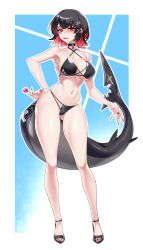  absurdres bikini black_bikini black_hair blush breasts candy choker cleavage colored_inner_hair dogs_(dlrkdejr26) ellen_joe female fins fish_tail food full_body high_heels highres holding holding_candy holding_food holding_lollipop large_breasts lollipop looking_at_viewer multicolored_hair nail_polish navel open_mouth red_eyes red_hair red_nails shark_girl shark_tail sharp_teeth short_hair swimsuit tail teeth toenail_polish toenails zenless_zone_zero 