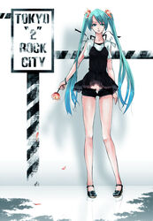  aqua_eyes aqua_hair black_shorts commentary_request dress female flower hatsune_miku highres legs long_hair mille_(dieci) open_fly photoshop_(medium) pigeon-toed reflection short_shorts shorts solo tokyo-to_rock_city_(vocaloid) twintails unzipped vocaloid 