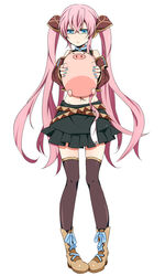  alternate_costume alternate_hairstyle aqua_eyes asaki_(pixiv32096) commentary_request female long_hair megurine_luka midriff navel pig pink_hair simple_background skirt solo thighhighs twintails vocaloid zettai_ryouiki 