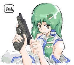  bare_shoulders cocking_gun collared_shirt commentary_request detached_sleeves female frog_hair_ornament glock green_hair gun hair_ornament handgun holding holding_gun holding_weapon kochiya_sanae logo long_hair michael-x nontraditional_miko shirt single_hair_tube single_sidelock sleeveless smile snake_hair_ornament solo touhou trigger_discipline weapon white_background white_shirt white_sleeves yellow_eyes 