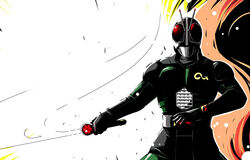  1boy antennae energy_sword hisame_genta kamen_rider kamen_rider_black_rx kamen_rider_black_rx_(series) looking_at_viewer male_focus revolcane solo standing sword weapon 