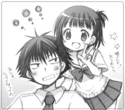  2boys aikawa_kizuna commentary_request greyscale half_updo maki_(prunus_girl) monochrome multiple_boys otoko_no_ko prunus_girl school_uniform translation_request v yuzuki_ryouta 