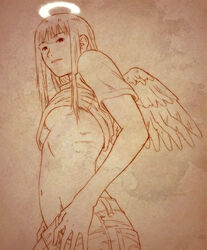  aaru_sentou_shuudan angel bad_link blunt_bangs breasts clothes_lift denim female from_below groin haibane_renmei halo long_hair medium_breasts midriff monochrome orange_theme reki_(haibane) ribs shirt_lift solo underboob undressing wings 