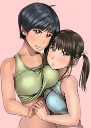  2girls :o ayumu_(zenkou) black_hair blush breast_press breasts brown_hair camisole chitose_(zenkou) commentary_request green_sports_bra grin holding_hands interlocked_fingers looking_at_viewer medium_breasts multiple_girls orange_eyes original parted_lips pink_background shiny_skin short_hair simple_background smile sports_bra twintails underwear zenkou 