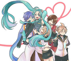  2boys 3girls ahoge aqua_eyes aqua_hair asaki_(pixiv32096) bad_id bad_pixiv_id blonde_hair blue_hair blue_scarf blush brown_hair crop_top detached_sleeves hatsune_miku holding kagamine_len kagamine_rin kaito_(vocaloid) long_hair meiko_(vocaloid) midriff multiple_boys multiple_girls necktie scarf short_hair shorts skirt smile thighhighs twintails very_long_hair vocaloid zettai_ryouiki 