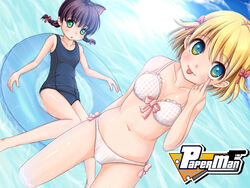  2girls animal_ears bikini blonde_hair blue_eyes braid brown_hair cat_ears chibimame commentary_request day dutch_angle green_eyes highres innertube looking_at_viewer millie_(paper_man) multicolored_eyes multiple_girls one-piece_swimsuit paper_man school_swimsuit short_hair swim_ring swimsuit tina_(paper_man) twin_braids 