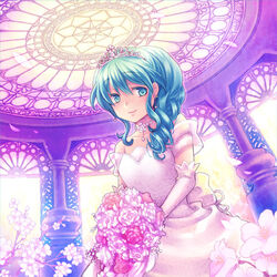  alternate_hairstyle aqua_eyes aqua_hair bad_id bad_pixiv_id bouquet bride cherry_blossoms choker commentary_request curly_hair dress earrings elbow_gloves female flower gloves hatsune_miku jewelry moc necklace rose smile solo tiara vocaloid wedding_dress 