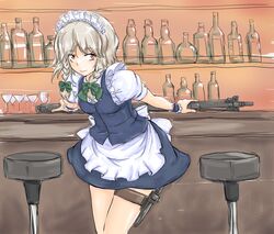  bar_(place) bow braid commentary_request female gun hairbow izayoi_sakuya knife maid michael-x red_eyes short_hair solo thigh_strap touhou weapon white_hair 