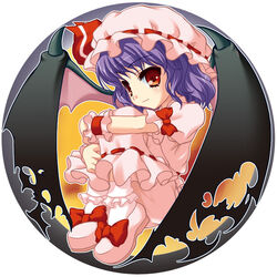  bat_wings commentary_request female hat hugging_own_legs katagiri_chisato purple_hair red_eyes remilia_scarlet short_hair solo touhou wings wrist_cuffs 