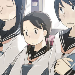  3girls :o bag black_hair blush brown_eyes brown_hair closed_eyes commentary_request girl_sandwich hair_ornament hairclip holding long_hair long_sleeves looking_away looking_down low_twintails multiple_girls neckerchief original outstretched_arms red_neckerchief sandwiched school_bag school_uniform serafuku side-by-side twintails upper_body yukihiroyuki 