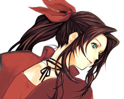  aerith_gainsborough aqua_eyes bad_id bad_pixiv_id bow brown_hair cropped_jacket female final_fantasy final_fantasy_vii hairbow kusumori_shiba pink_bow ponytail smile solo 