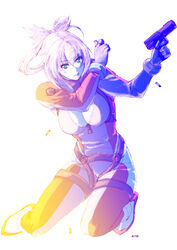  amanda_werner blassreiter blue_eyes bodysuit breasts cleavage commentary_request female grey_hair gun handgun higi_(rodriguez) large_breasts long_hair shell_casing simple_background solo unzipped weapon white_background 