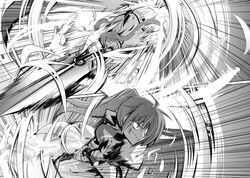  2girls battle commentary_request duel energy_wings fingerless_gloves gloves greyscale grin jacket kazekawa_nagi laevatein_(nanoha) lyrical_nanoha magical_girl mahou_shoujo_lyrical_nanoha_strikers monochrome multiple_girls open_clothes open_jacket ponytail raising_heart signum smile takamachi_nanoha twintails waist_cape white_devil wings 