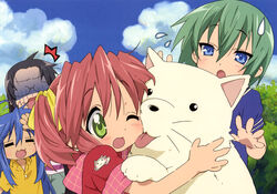  4girls absurdres ahoge animal blue_eyes blue_hair blush canine cathead cherry_(lucky_star) cuddling day green_eyes green_hair highres horiguchi_yukiko hug iwasaki_minami izumi_konata kobayakawa_yutaka licking lucky_star mole mole_under_eye multiple_girls official_art open_mouth scan short_hair surprised sweatdrop tamura_hiyori tongue twintails 