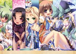  5girls absurdres animal_print batai black_hair blonde_hair blush brown_hair china_dress chinese_clothes clenched_hand column_lineup crown dress fur green_eyes hat highres hikage_eiji houtou kantaka katagiri_hinata koihime_musou kuwada_yuuki leaning_forward light_purple_hair moukaku multiple_girls oerba_yun_fang official_art panties pantyshot pink_eyes pink_panties purple_eyes purple_hair scan shuutai sitting skirt smile teiiku tiger_print underwear witch witch_hat yatsuha_kanan 