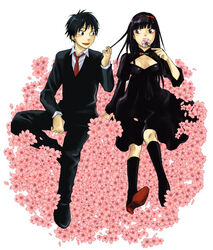  1boy :o akenoko bad_id bad_pixiv_id black_hair blunt_bangs breasts cleavage cleavage_cutout clothing_cutout collared_shirt dress dress_shirt female field flower flower_field formal holding kazehaya_shouta kimi_ni_todoke kuronuma_sawako long_hair medium_breasts open_mouth pants photoshop_(medium) shirt short_hair simple_background suit very_long_hair white_background 