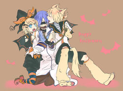  2boys animal_ears asaki_(pixiv32096) blindfold blonde_hair blue_eyes blue_hair blue_legwear bondage bondage bound collar commentary_request cuffs female hair_ornament hairclip halloween handcuffs hat kagamine_len kagamine_rin kaito_(vocaloid) licking multiple_boys orange_legwear pantyhose pantyhose_under_shorts restrained short_hair shorts siblings striped_clothes striped_pantyhose tail twins vocaloid witch_hat 