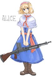  alice_margatroid ascot bipod blonde_hair blue_dress blue_eyes boots brown_footwear capelet character_name closed_mouth commentary_request cross-laced_footwear dress female frilled_capelet frilled_hairband frills frown full_body gun hairband handle highres light_machine_gun looking_to_the_side machine_gun medium_hair michael-x partial_commentary red_ascot red_hairband short_hair simple_background solo standing tachi-e toggles touhou two-tone_hairband v_arms weapon white_background white_capelet white_hairband zb-26 