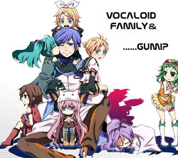  3boys 5girls ahoge animal_hat aqua_hair asaki_(pixiv32096) blonde_hair blue_eyes blue_hair blush boots brown_eyes brown_hair cat_hat commentary_request detached_sleeves goggles green_eyes green_hair gumi hair_ornament hair_ribbon hairclip hat hatsune_miku holding kagamine_len kagamine_rin kaito_(vocaloid) kamui_gakupo lolicon long_hair megurine_luka megurine_luka_(toeto) meiko_(vocaloid) multiple_boys multiple_girls necktie one_eye_closed pink_hair ponytail purple_hair ribbon short_hair sitting skirt smile toeto_(vocaloid) twintails vocaloid 