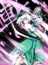  1other bow commentary_request crossover epee female highres jojo_no_kimyou_na_bouken katana konpaku_youmu painfultree petals photoshop_(medium) rapier ribbon short_hair silver_chariot spikes stand_(jojo) sword touhou weapon white_hair 