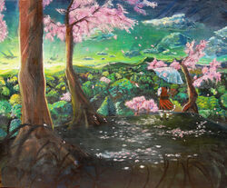  cherry_blossoms cloud commentary_request female forest from_behind green_hair kazami_yuuka kenshin_(kenshin3) landscape mountain nature oil_painting_(medium) outdoors painting_(medium) red_skirt red_vest scenery short_hair skirt skirt_set solo standing sunrise touhou traditional_media tree umbrella vest wide_shot 