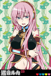  aqua_eyes asaki_(pixiv32096) blue_nails blush breasts commentary_request crop_top female headphones large_breasts long_hair megurine_luka midriff nail_polish navel pink_hair solo vocaloid 