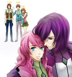  2girls 3boys bad_id bad_pixiv_id brown_hair celestial_being_uniform christina_sierra feldt_grace gundam gundam_00 jacket lichtendahl_tsery lockon_stratos multiple_boys multiple_girls pink_hair ponytail purple_hair red_eyes smile spoilers ta_ko tieria_erde vest 