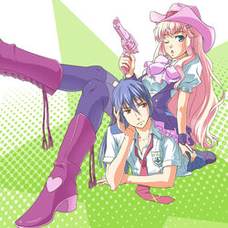  1boy arm_support blonde_hair blue_eyes blue_hair blush boots bow brown_eyes commentary_request couple cowboy_boots cowboy_hat cowboy_western curly_hair female frown gun hair_ornament hairpin handgun hat human_chair human_furniture jewelry leg_lift legs long_hair macross macross_frontier necktie nishiwaki one_eye_closed open_mouth petticoat pink_hair ponytail revolver saotome_alto sheryl_nome sitting sitting_on_person straight thighhighs weapon 