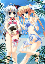  2girls absurdres ball barefoot beach beachball bikini blonde_hair blue_eyes day highres hinamatsuri_touko imouto_smile long_hair looking_at_viewer multiple_girls nonaka_shiki outdoors polka_dot polka_dot_bikini polka_dot_swimsuit purple_eyes swimsuit tsukino_koyomi twintails very_long_hair white_hair 