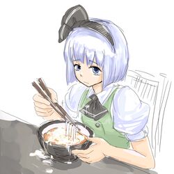  blue_eyes bow chopsticks commentary_request female food hairbow konpaku_youmu michael-x short_hair solo soup tears touhou white_hair 