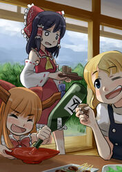  3girls aka-kabuto_no_gema alcohol blonde_hair bottle closed_eyes commentary_request cup drinking hakurei_reimu ibuki_suika kirisame_marisa multiple_girls no_headwear oerba_yun_fang one_eye_closed pouring sakazuki sake sake_bottle touhou 