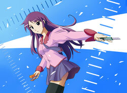  asu_(hengaya) bakemonogatari blue_eyes boxcutter commentary_request female highres long_hair miniskirt monogatari_(series) naoetsu_high_school_uniform necktie purple_hair school_uniform senjougahara_hitagi skirt solo stapler thighhighs zettai_ryouiki 