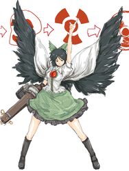  alternate_weapon arm_cannon arm_up arrow_(symbol) commentary_request female gun hand_up highres machine_gun michael-x pointing radiation_symbol reiuji_utsuho solo touhou weapon wings 