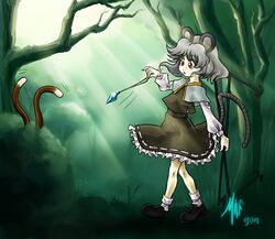  animal_ears cat_tail chen commentary_request female forest grey_hair jewelry madkoifish mouse_ears mouse_tail multiple_tails nature nazrin pendant red_eyes short_hair solo_focus tail touhou 