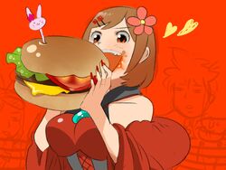  1boy 2girls agata_no_michi akujiki_musume_conchita_(vocaloid) arte_(evillious_nendaiki) banica_conchita brown_eyes brown_hair burger commentary_request dress eating evillious_nendaiki flower food hair_ornament hairclip kagamine_len kagamine_rin meiko_(vocaloid) multiple_girls nail_polish parody pollo_(evillious_nendaiki) red_dress red_nails short_hair smile unamused vocaloid 