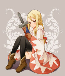  agrias_oaks b.tarou bad_id bad_pixiv_id blonde_hair blush braid brown_eyes class_change commentary_request female final_fantasy final_fantasy_tactics gloves long_hair photoshop_(medium) robe shoes sitting solo sword thighhighs weapon white_mage_(fft) white_mage_(final_fantasy) 