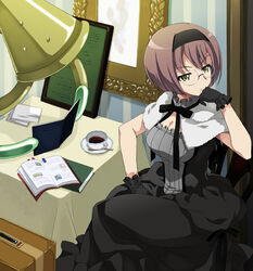  baba_tsutsuji book brown_hair dress female glasses gloves hairband head_rest musashibou_benkei_(real_life) saipaco sitting sora_wo_kakeru_shoujo table yellow_eyes 