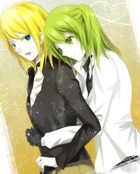  2girls alternate_hairstyle bad_id bad_pixiv_id blonde_hair blue_eyes gloves green_eyes green_hair hatsune_miku hatsune_miku_(roshin_yuukai/nitamagomix) kagamine_rin long_hair multiple_girls okra_boom roshin_yuukai_(vocaloid) smile twintails vocaloid 