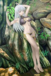  armpits barefoot bikini breasts commentary_request female halterneck large_breasts leaf legs red_eyes rock selvaria_bles senjou_no_valkyria_(series) senjou_no_valkyria_1 side-tie_bikini_bottom solo standing swimsuit thigh_strap tonbidou tree turtleneck white_hair 