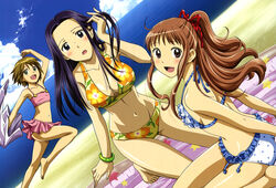  3girls absurdres akeno_mihoshi bangle barefoot beach bikini black_hair blush bracelet breasts brown_eyes brown_hair cleavage cloud day dutch_angle flat_chest floral_print frilled_bikini frills green_eyes hair_ribbon hara_yumiko highres imageboard_desourced inflatable_raft jewelry large_breasts long_hair looking_back makita_hime multiple_girls non-web_source nyantype official_art outdoors polka_dot polka_dot_bikini polka_dot_swimsuit ponytail print_bikini purple_eyes ribbon short_hair side-tie_bikini_bottom sky sora_no_manimani swimsuit water yarai_sayo 